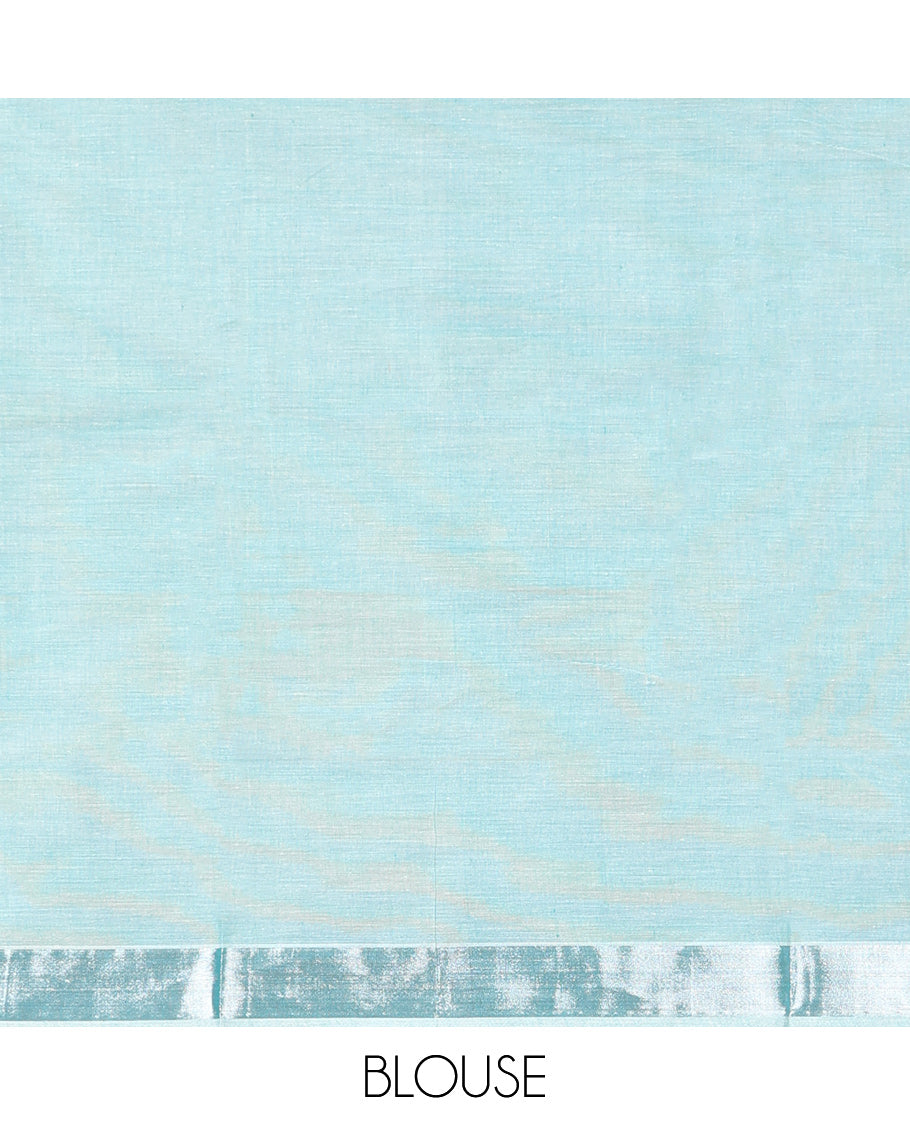 Blue Kerala Saree, Mesmerized with Zari Buttas on Its Body, Subtly Sparkled Zari Bavanji Border, Pallu Depicting Paisley Designs, and Paired with a Matching Blouse