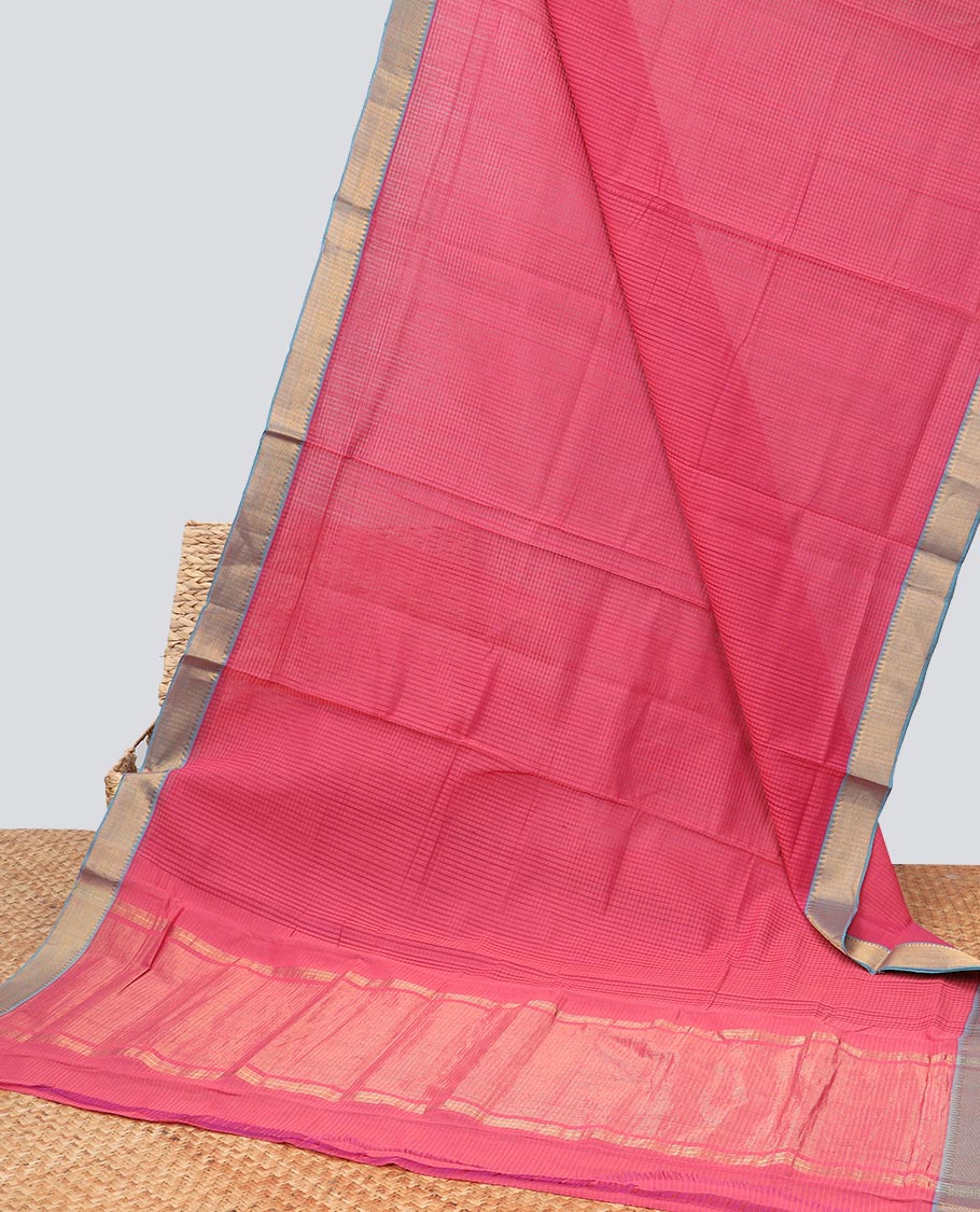 Red checked mangalagiri cotton saree with contrast striped, temple border & striped pallu