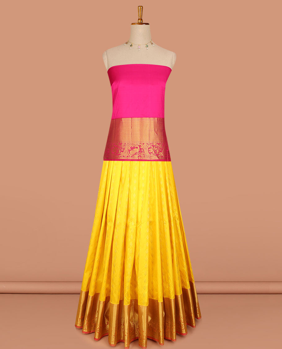 yellow floral buttas pure silk half saree with contrast intricate zari design border, zari design blouse & floral zari design dhavani