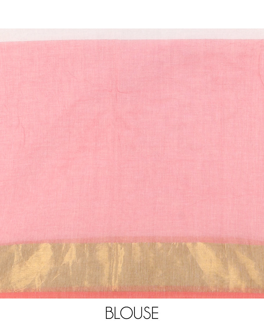 Peach heart motifs, red thread-embroidered half-and-half khadi mul cotton saree, zari border, self-pallu, and a plain blouse