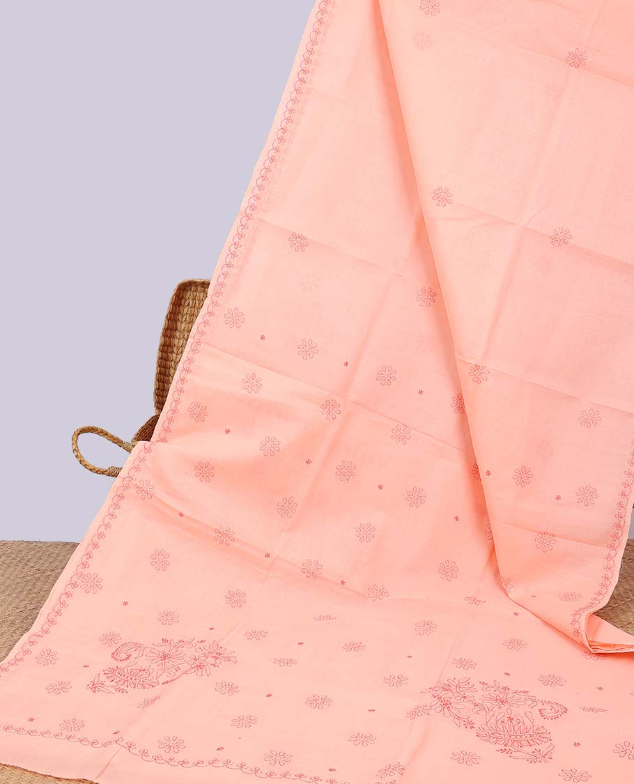 Orange floral embroidery lucknowi chikankari cotton saree,self scallop design border & pallu of floral embroidery