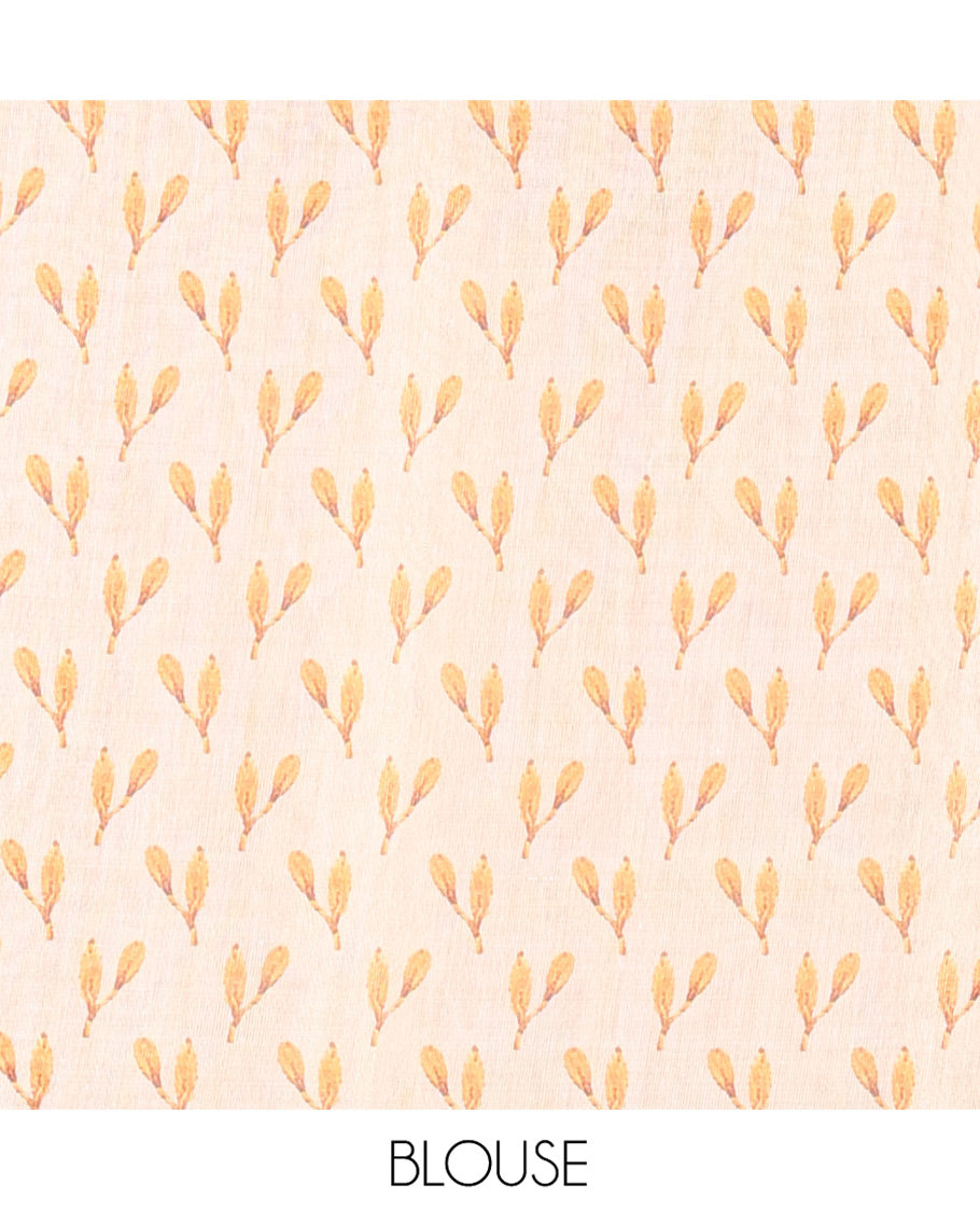 Cream Tissue Saree, Entralled with Leaf Motifs Printed On Its Body, Self-Border, Floral Printed Pallu, and Paired with a Printed Blouse