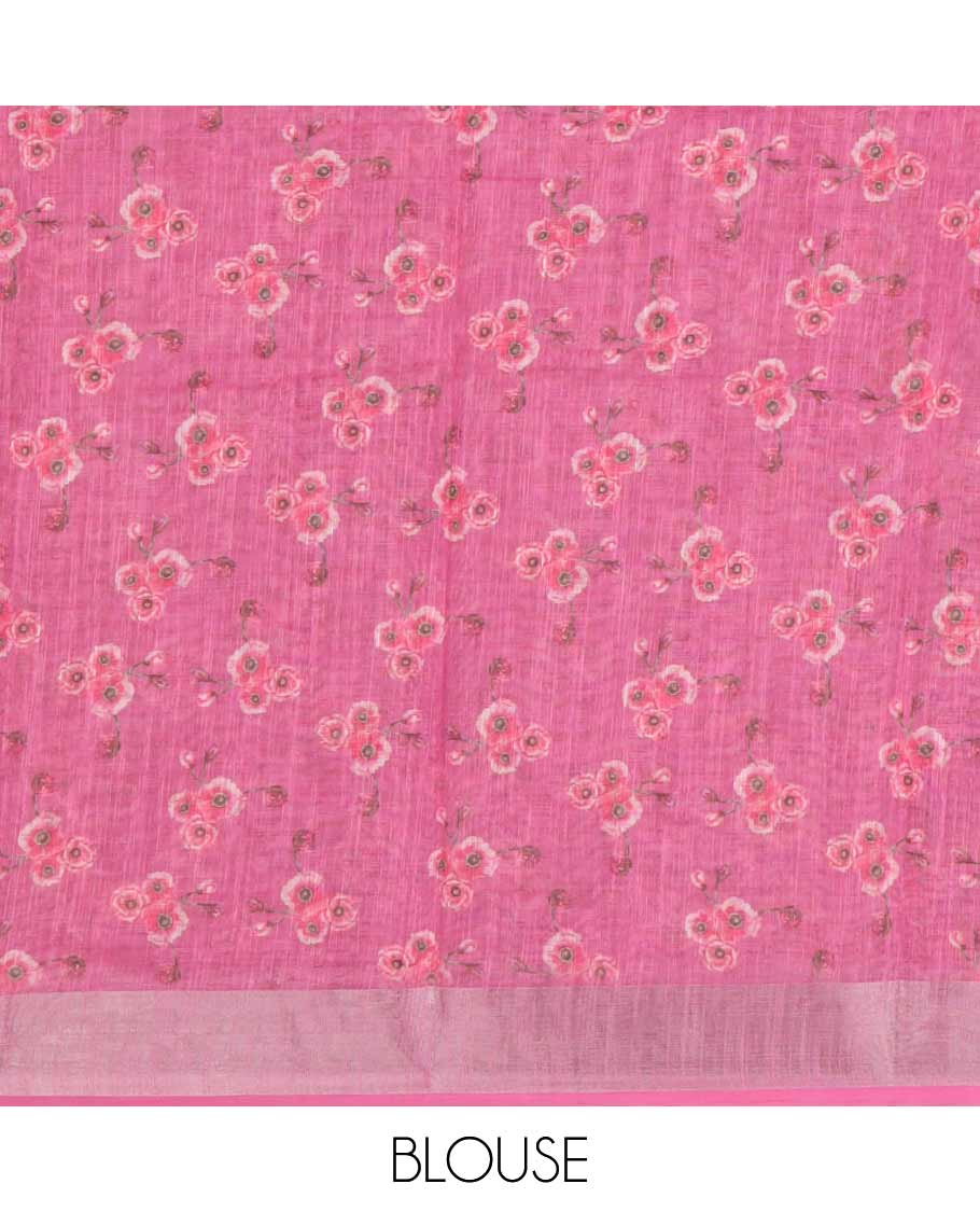 White rose floral printed linen saree, contrast silver bavanji border, floral printed pallu & floral printed gajri blouse