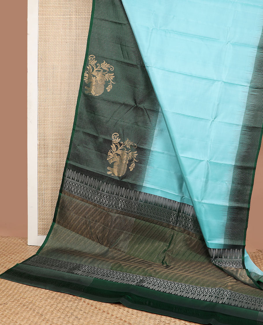 Light blue mayuri soft silk saree with contrast checked, elephant design border & intricate zari design pallu