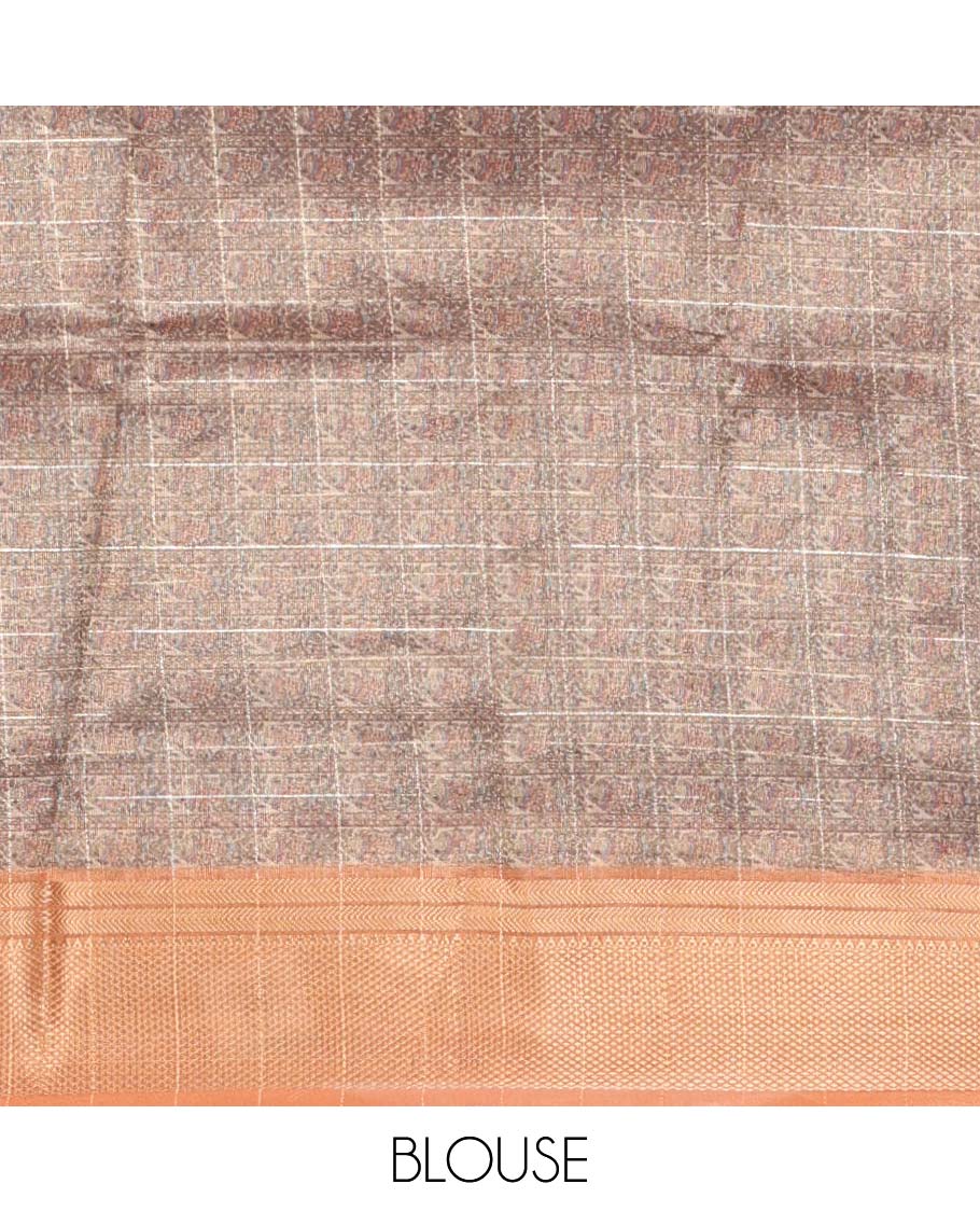 Orange ombre zari checked tissue jute saree, traditional zari border,Madhubani hand painting-style printed pallu & fish print blouse