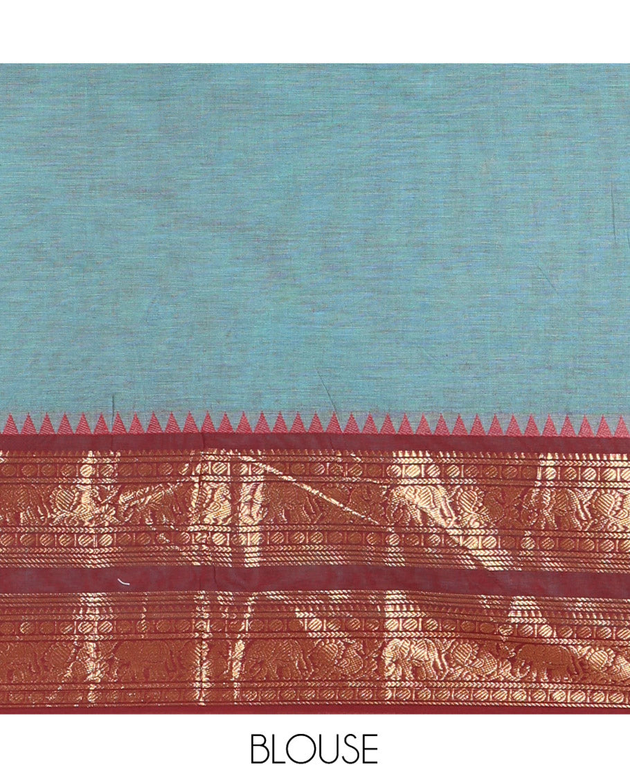 Teal Plain Chettinad Cotton Saree, Complemented by a Contrast Traditional Zari Design Rettai Pettu Border of Peacock and Elephant Designs, Pallu of Stripes, and Paired with a Matching Blouse