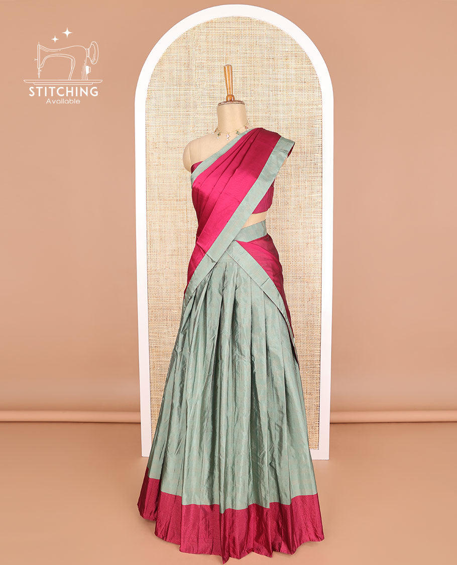 Light green checked poly-cotton half saree with contrast border, plain blouse & plain, checked border dhavani