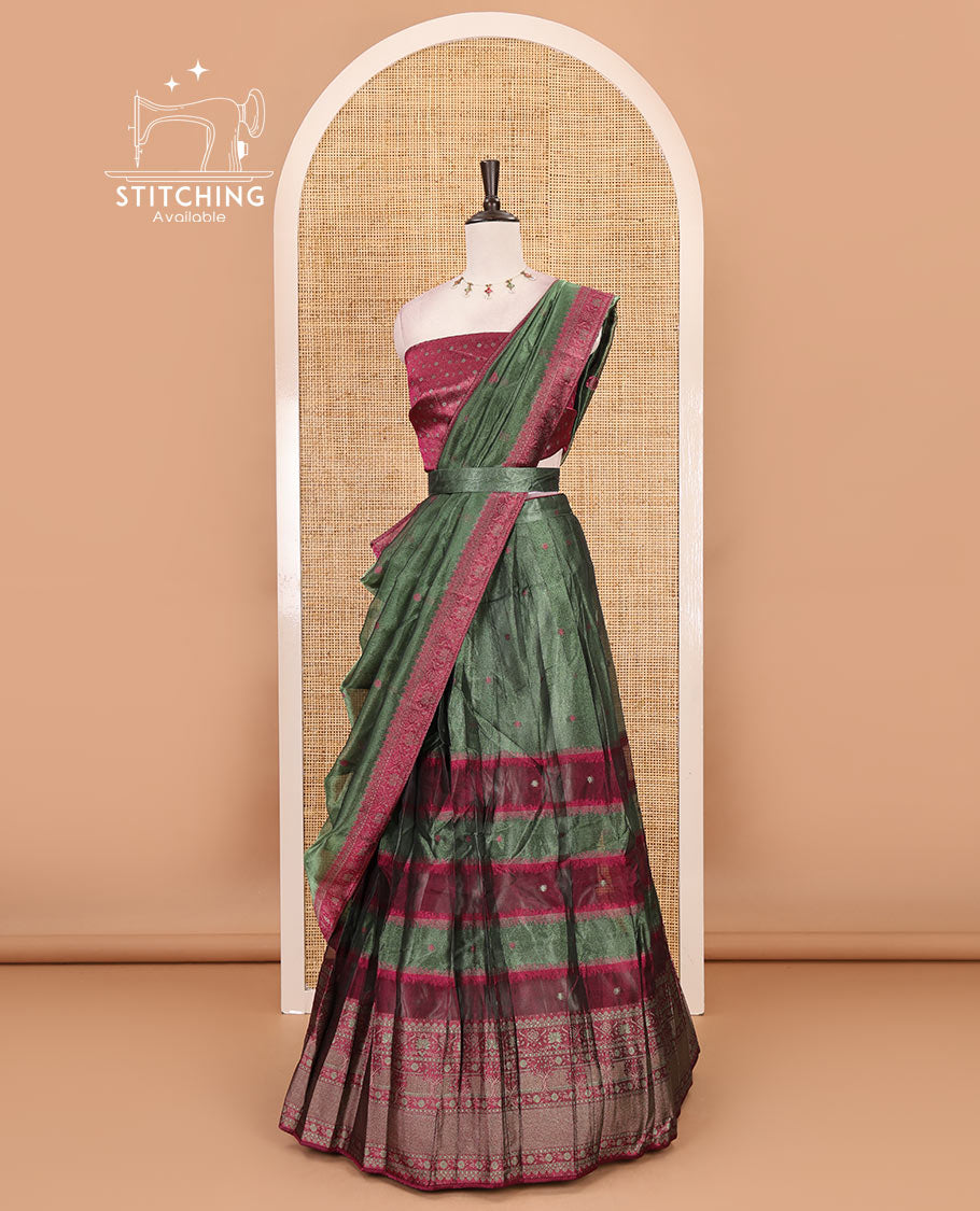 Green-wine organza half-saree, resham thread buttas & traditional motifs skirt, brocade banarasi blouse & intricate dhavani