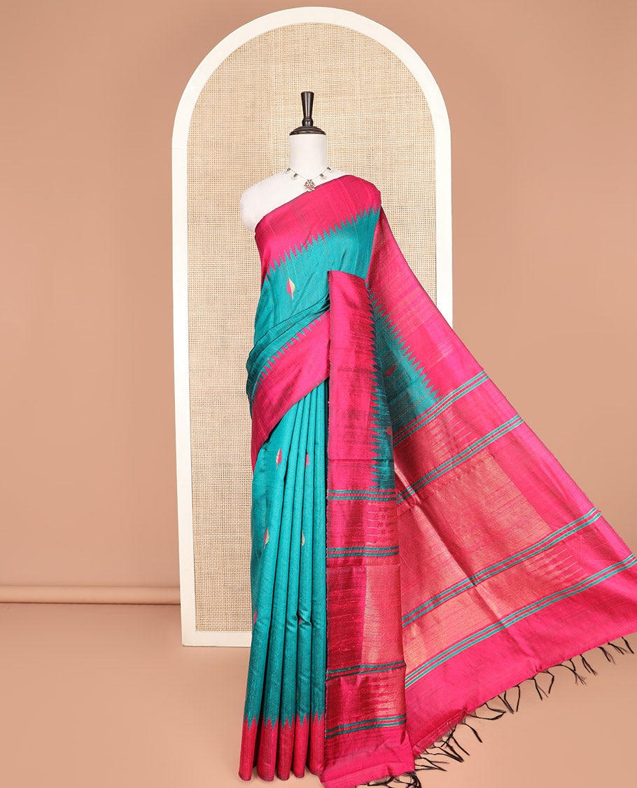 Green Dupion Silk Saree Adorned with Bud Buttas All Over Its Body, Complemented by a Contrast Temple Border, Pallu Depicting Traditional Designs, and Paired with a Contrast Blouse