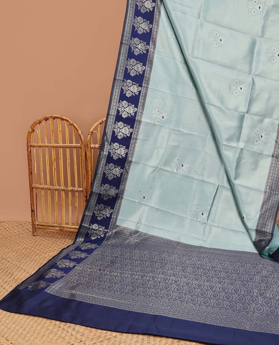Grey floral litchi silk saree with contrast floral zari design border & jaal design pallu
