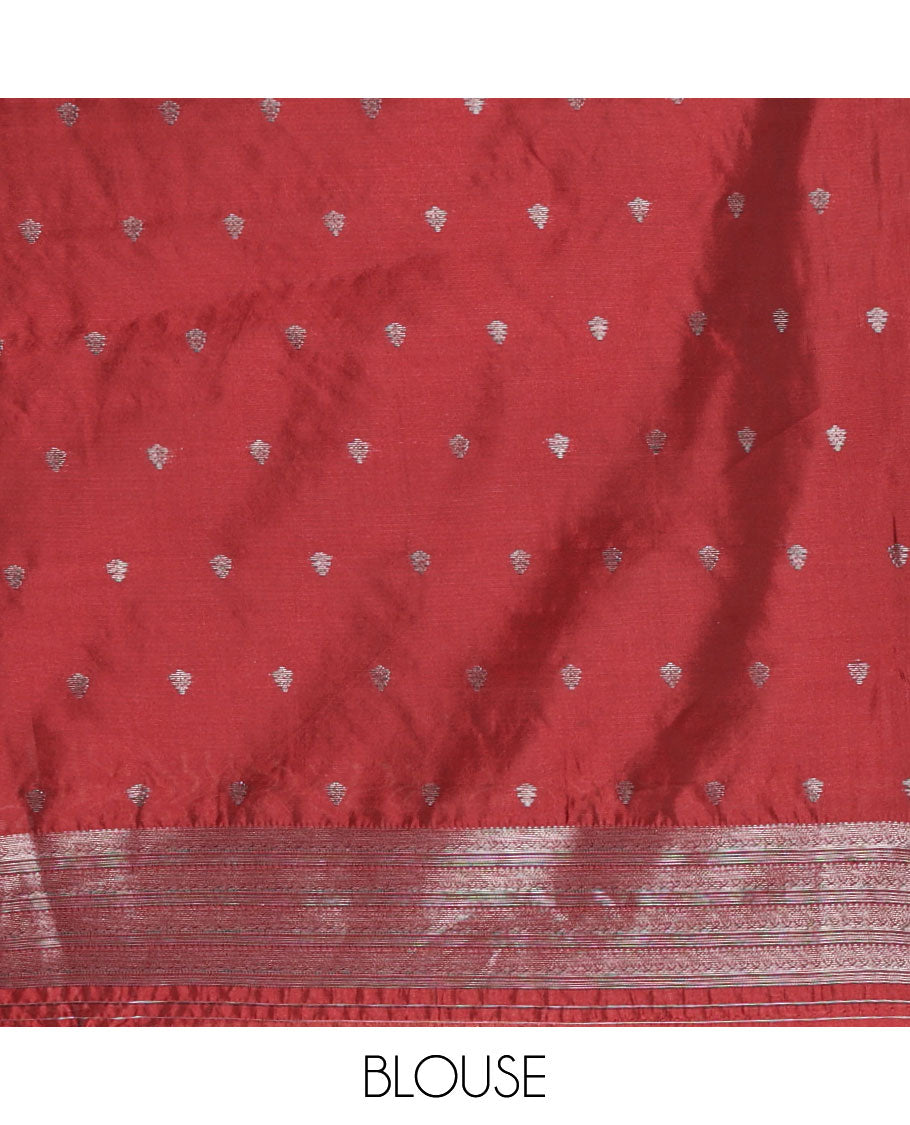 Maroon kanchi silk saree with flower zari buttas across its body, zari border of floral vine & ogee patterned pallu