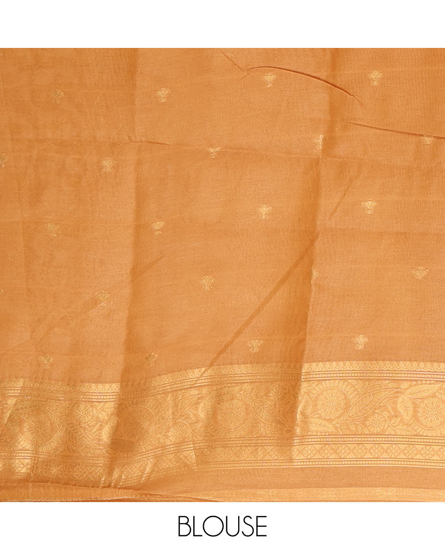 Cream with mustard zari jall weaving design banaras brasso saree with contrast jacquard border & weaving pallu along with butta design blouse