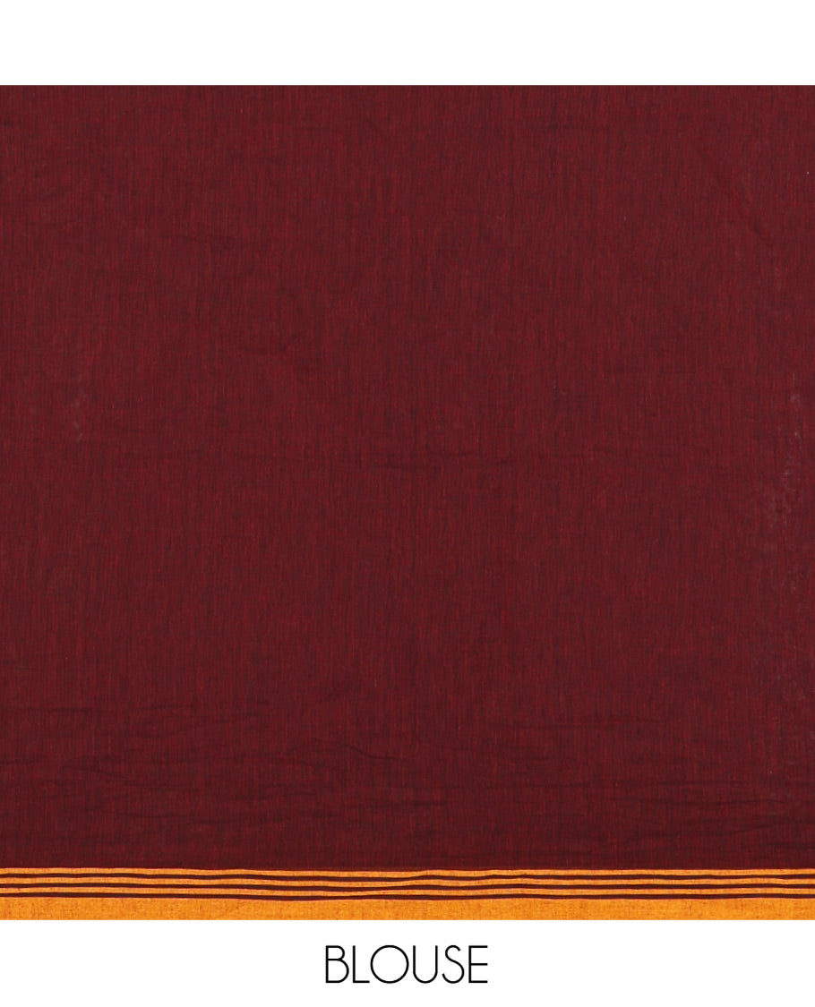 Maroon Khadi Mul Cotton Saree, Beautified with Meena Buttas All Over Its Body, Complemented by a Contrast Temple Border, Pallu of Jhamdani-Style Floral-Bird Weaving, and Paired with a Matching Blouse
