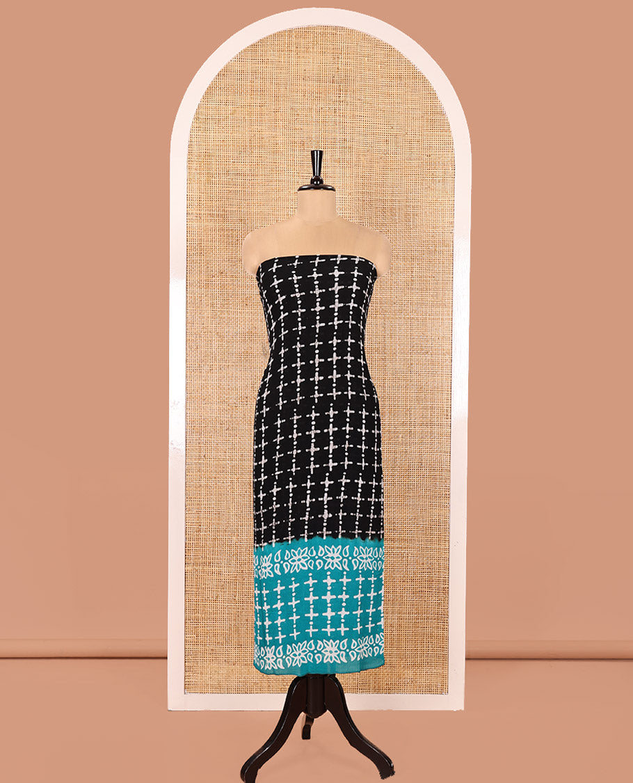 Black and Rama Material Chudidhar Set, Subtly Sparkled with Batik-Style Printed Viscose Georgette Top, Rayon Batik Printed Bottom, and Viscose Georgette Dupatta of Batik Print