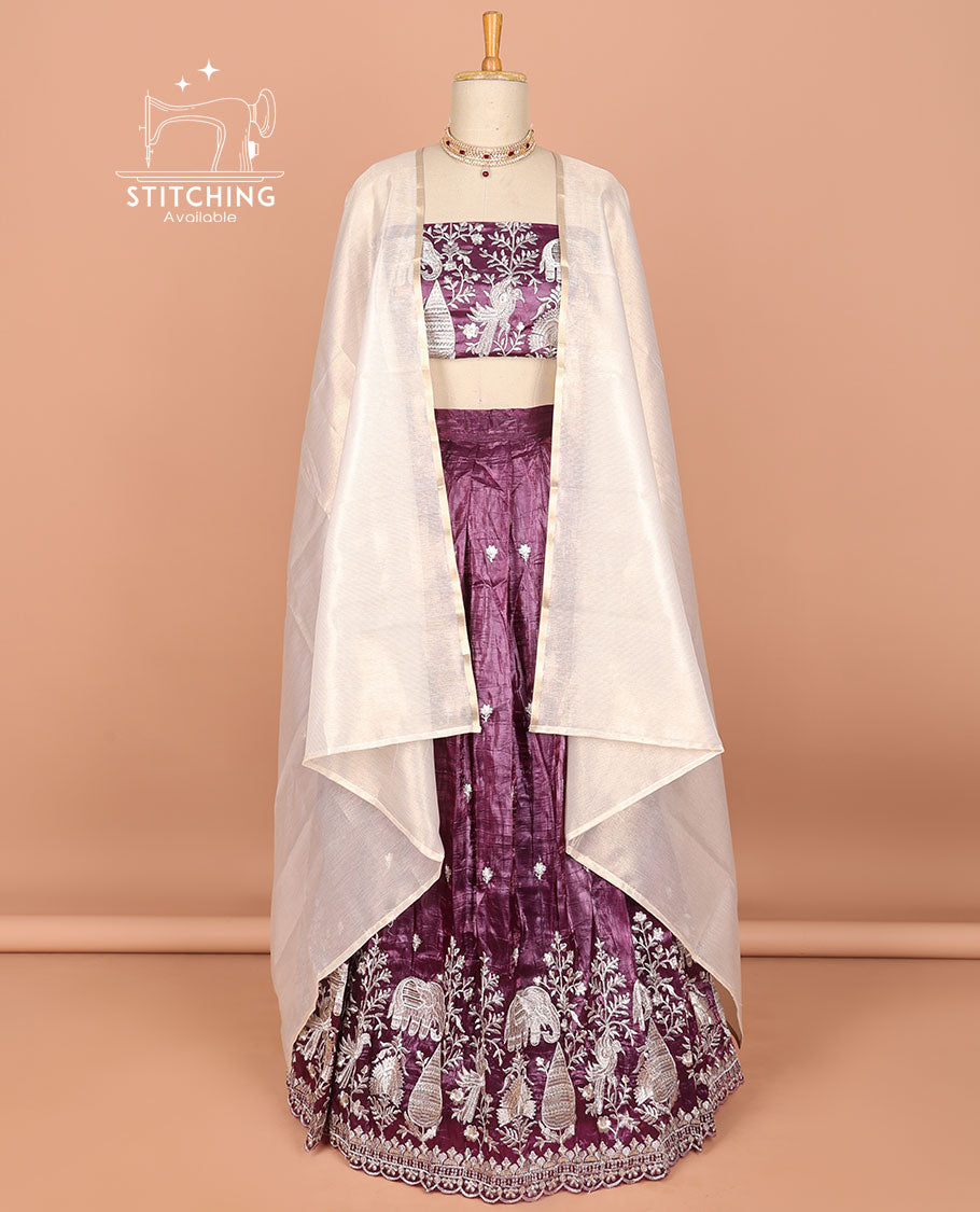 Purple floral embroidered half saree with self embroidered border, floral embroidery blouse & floral buttas , scallop border dhavani
