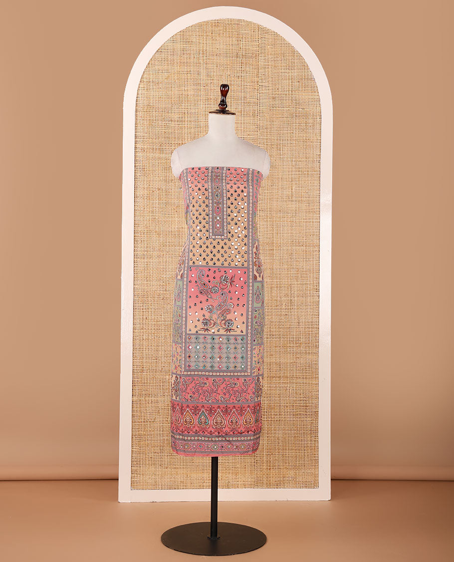 Onion pink material chudidar set, intricate print & real mirrorwork crepe masakali top,plain bottom & intricate print & mirrorwork Chinon dupatta