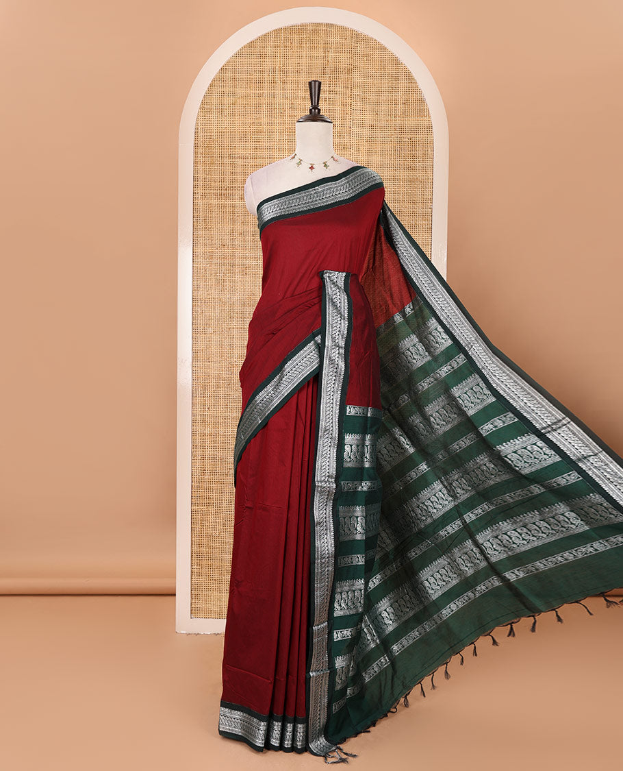 Maroon full-plain Kalyani cotton saree, contrast traditional zari design border, zari design steeped pallu & contrast plain blouse
