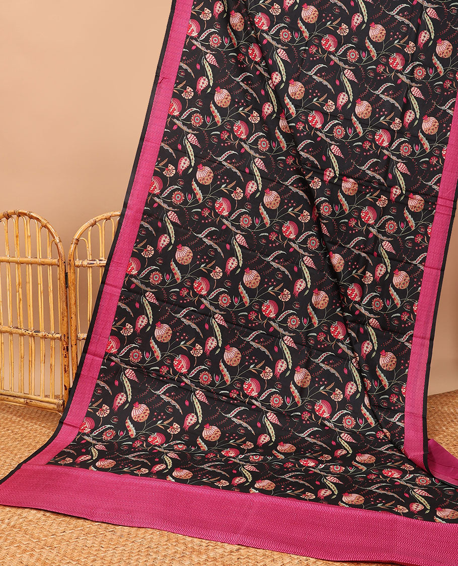 Black floral printed semi banaras saree with contrast border & striped pallu