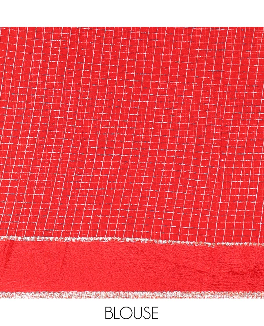 Scintillating Red Viscose Georgette Saree Gleamed Up with Checked Design on Its Body, Highlighted by a Double-Pet Border, Zari Checked Design Pallu, and Paired with a Matching Blouse