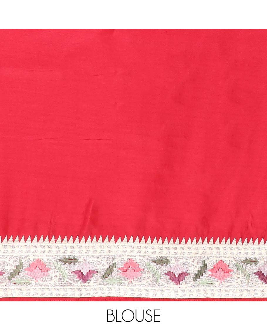 Red polka dot semi-banaras tussar saree & contrast floral thread embroidered border