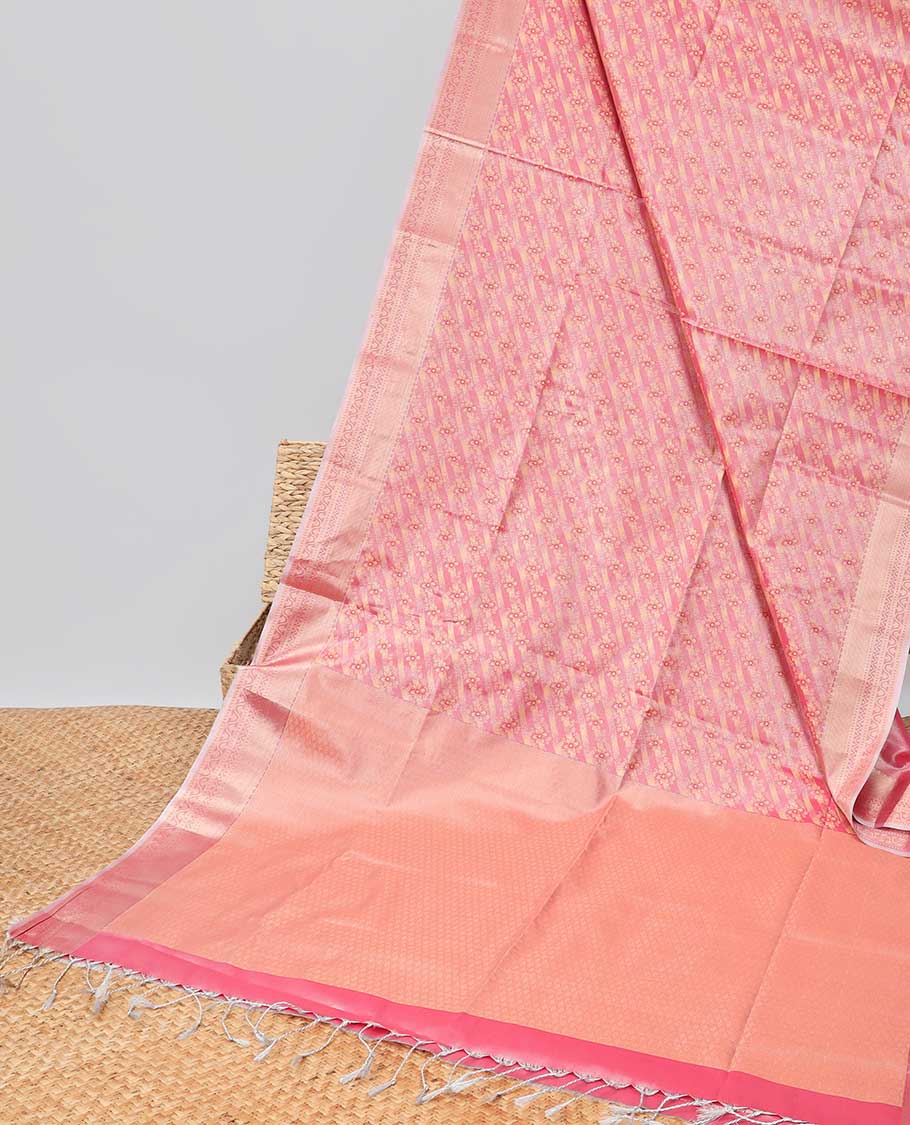 Red striped floral design kora cotton saree with self zari design border & checked zari design pallu
