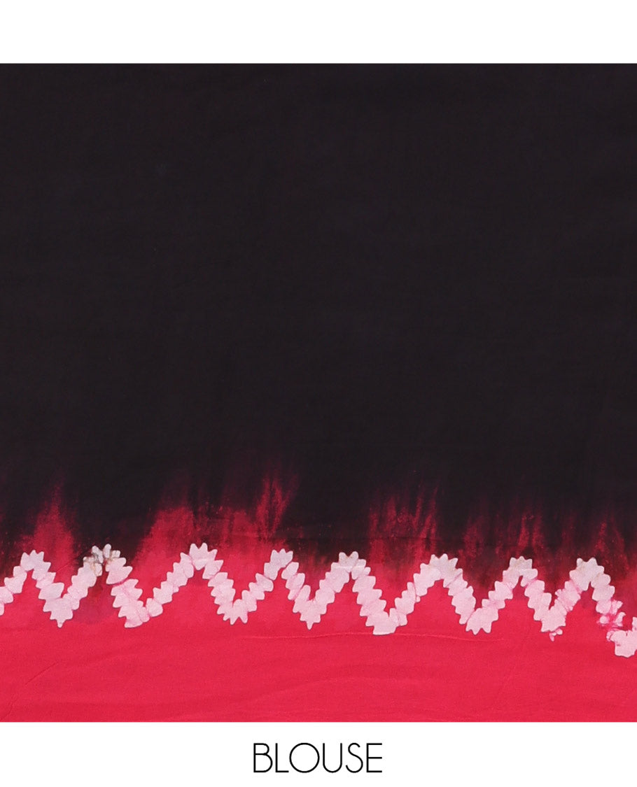 Black-Rani Pink Plain 60Gm Georgette Saree, Contrast Zig-Zag Batik Printed Border, Batik Printed Pallu, and a Matching Blouse