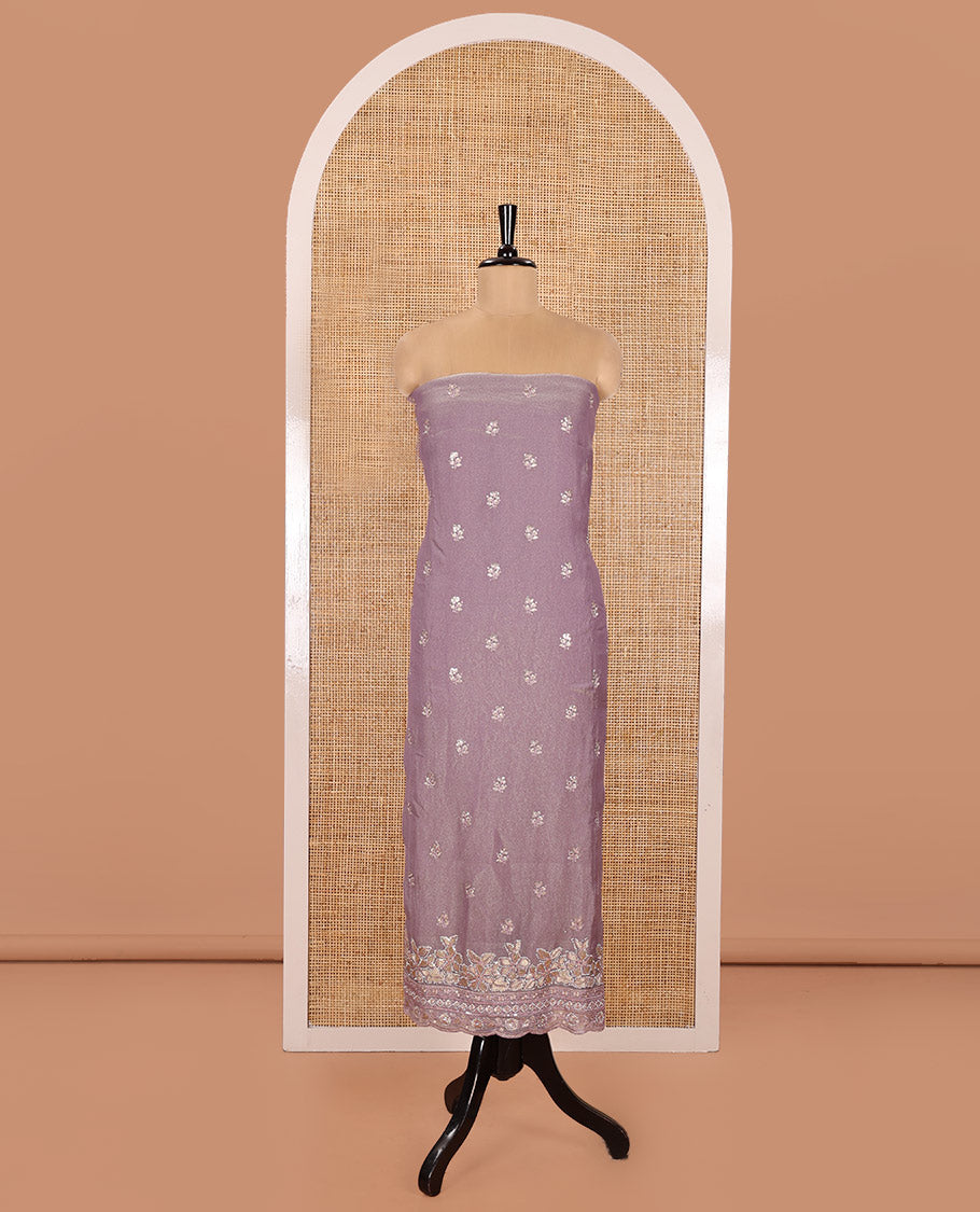 Lavender Material Churidar Set, Artfully Detailed with an Floral Motifs Embroidered on Its Nc Moss Organza Top, Plain Santoon Bottom, and Nc Moss Organza Scallop Dupatta of Floral-Leaf Embroidery