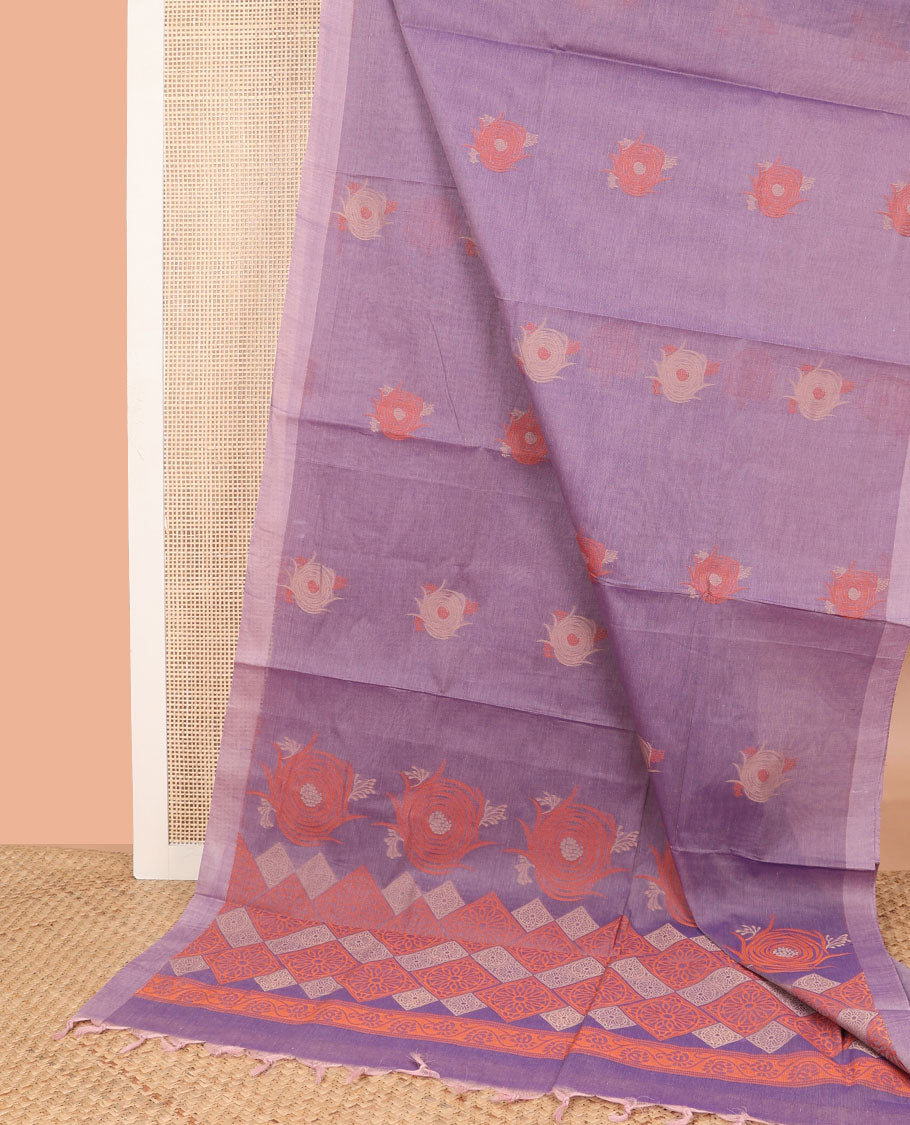 Purple all-over floral design coimbatore cotton saree with contrast plain border