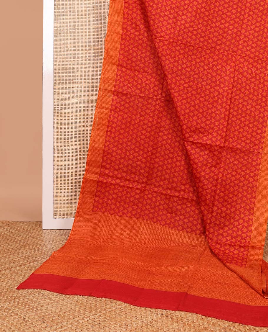 Red floral design printed silk saree with contrast intricate design border & floral design pallu