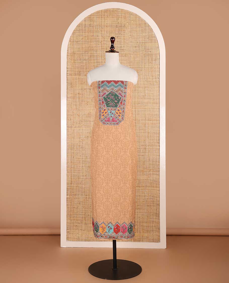 chikku color negative print, geometric design, swarovski work crepe chudidhar material top with american crepe pant & chinnon material geometric print, swarovski work dupatta