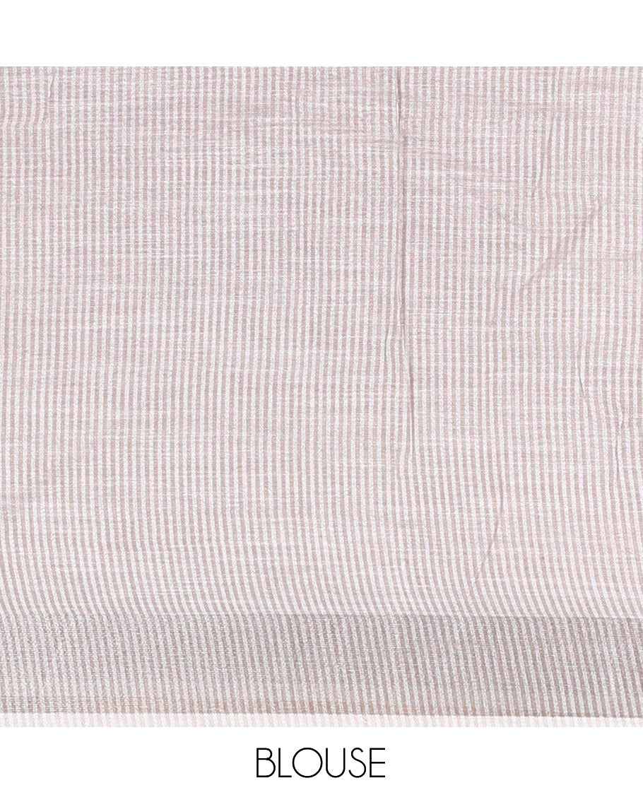 Brown Plain Linen-Cotton Saree, a Zari Border, Striped Pallu, and a Matching Blouse