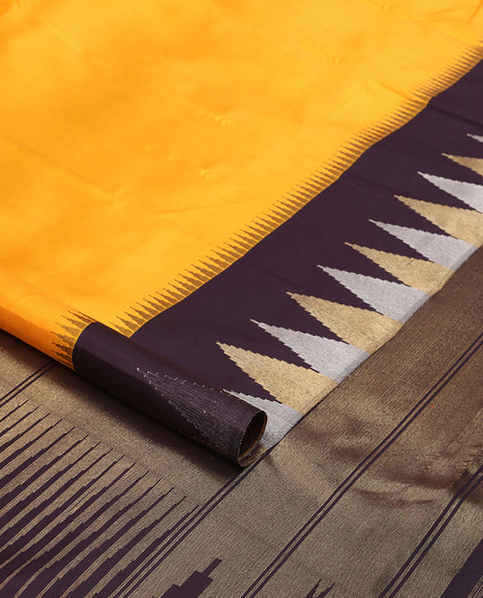 Yellow kancheepuram silk saree with contrast korvai temple border & bhavanji design pallu