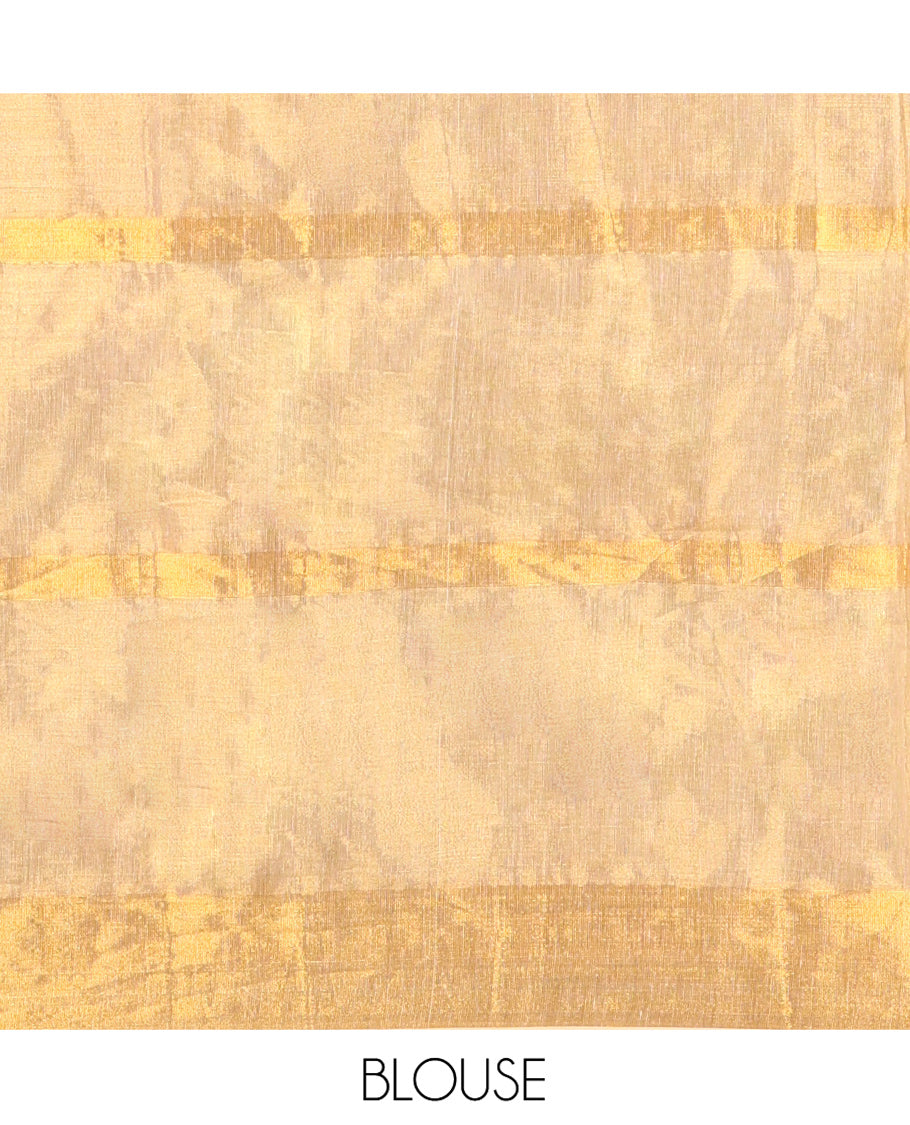 Gleaming Gold Khadi Tissue Saree, Elevated with Zari Stripes All Over Its Body, Highlighted by Zari Bavanji Border, Zari Striped Pallu, and Paired with a Matching Blouse
