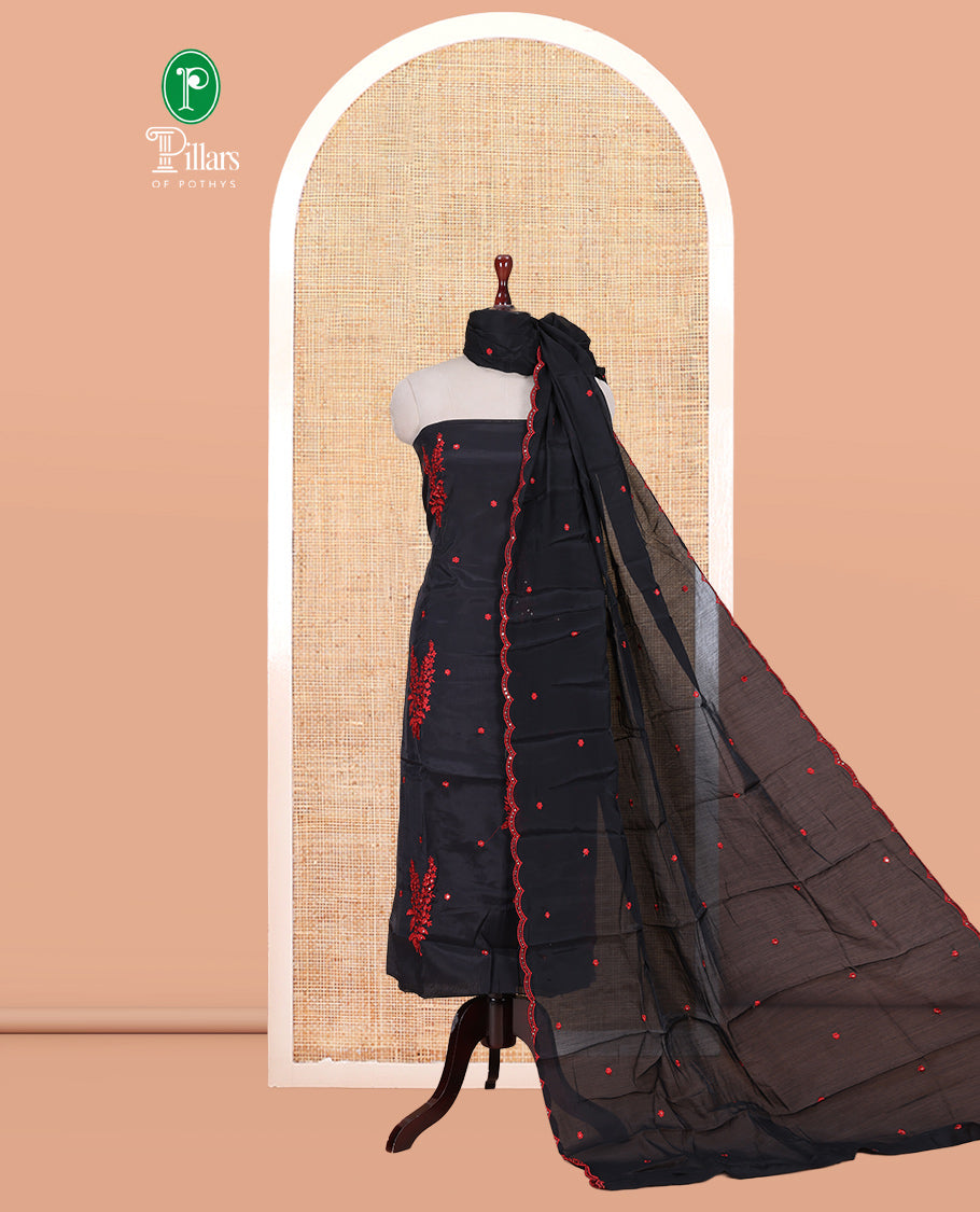 Black-Red Mul Chanderi Material Churidar Features Floral Embroidered Top, a Matching Bottom, and an Embroidered Scallop Dupatta
