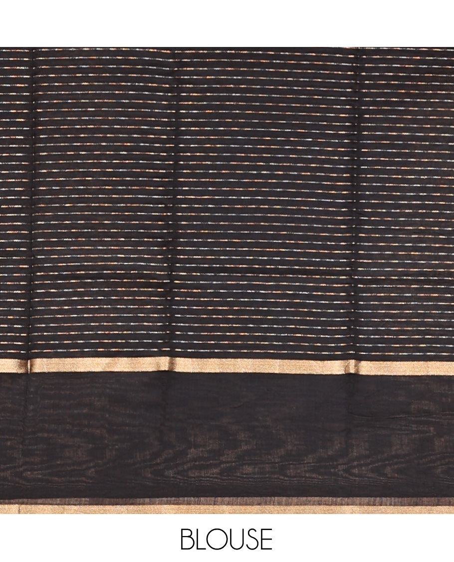 Black Assam Silk Saree, Gleamed Up with Zari Stripes, Highlighted by a Traditional Zari Border, Gleaming Zari-Striped Pallu, and a Matching Blouse