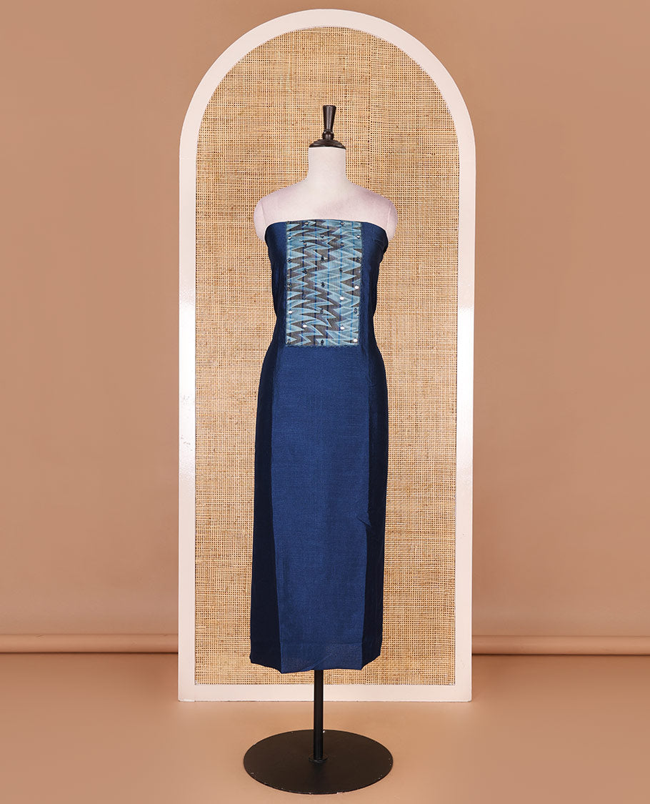 Blue Vertican silk material chudidar set, ikkat chevron striped with mirror neck embroidered top, santoon bottom, and contrast chevron striped dupatta