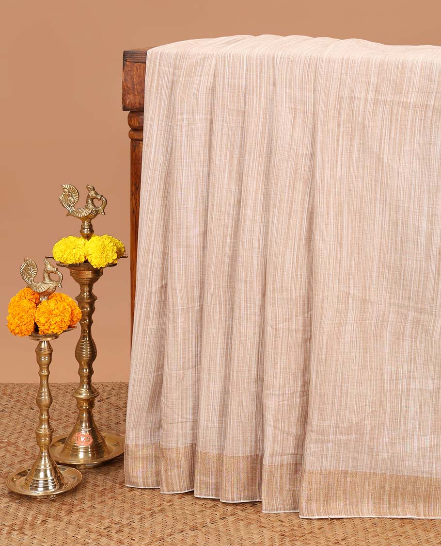 Cream linen mix cotton saree with zari bawanchi border & chit pallu along with plain blouse