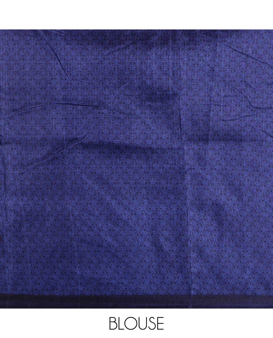 Borderless navy blue abstract-style fancy printed khadi cotton saree, floral-geometric printed pallu & navy blue printed blouse