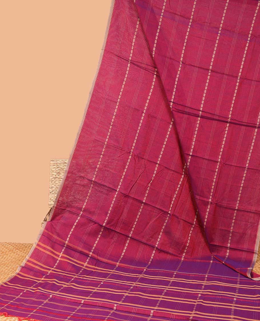 Pink striped Narayanapet cotton saree with self temple border & contrast striped pallu