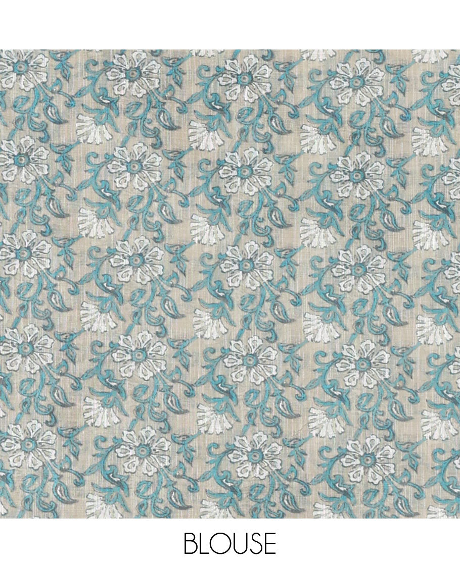 Cream Linen Saree, Bedecked with Abstract-Style Print on Its Body, Subtle Piping Border, Captivating Pallu of Floral Vine Print, and Paired with a Contrast Floral Printed Blouse