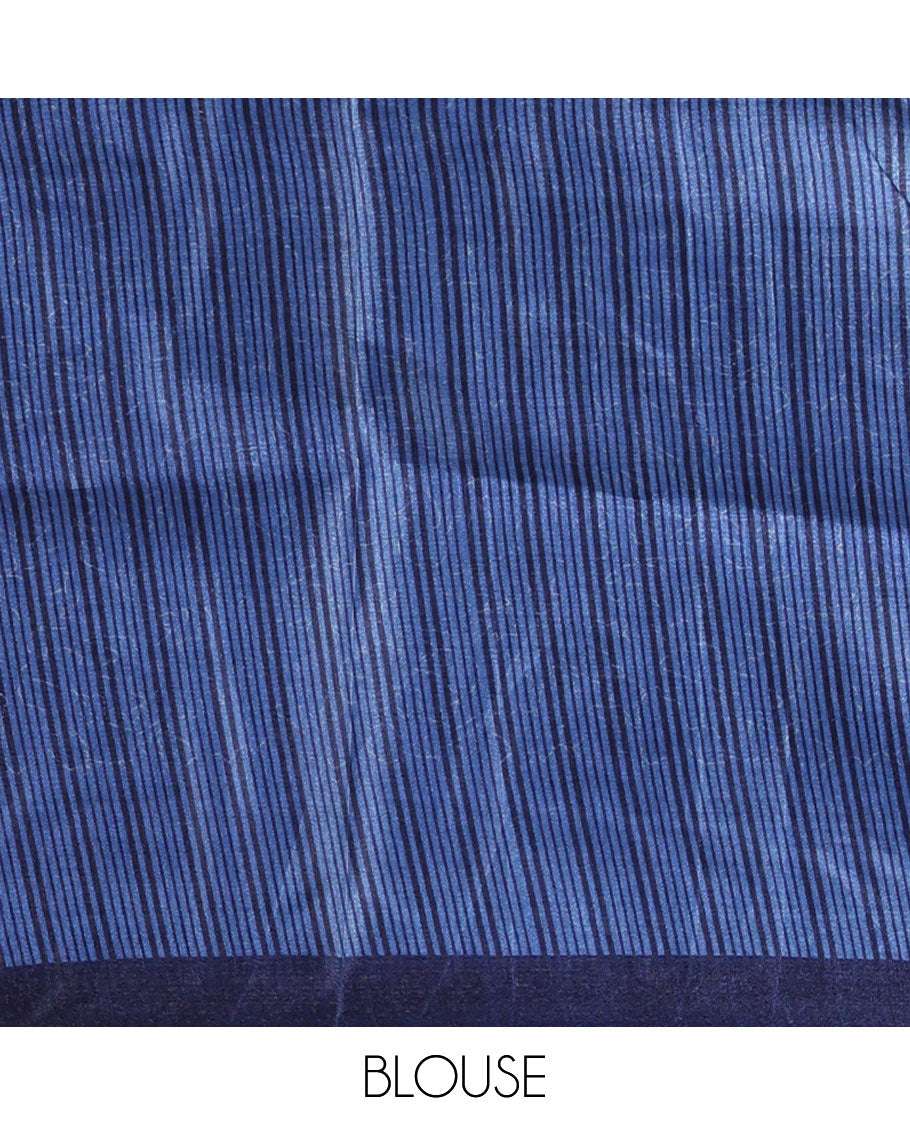 Cream floral-style printed khadi cotton saree, contrast navy blue temple & lining printed border, lining printed border & printed blouse