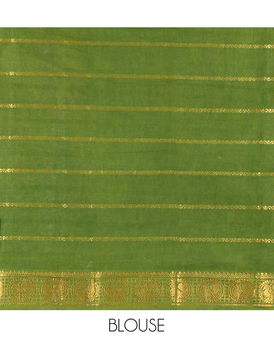 Orange Plain Sungudi Cotton Saree, Highlighted by Traditional Zari Border of Peacock and Floral Creeper Designs, Subtly Striped Pallu, and Paired with a Contrast Blouse