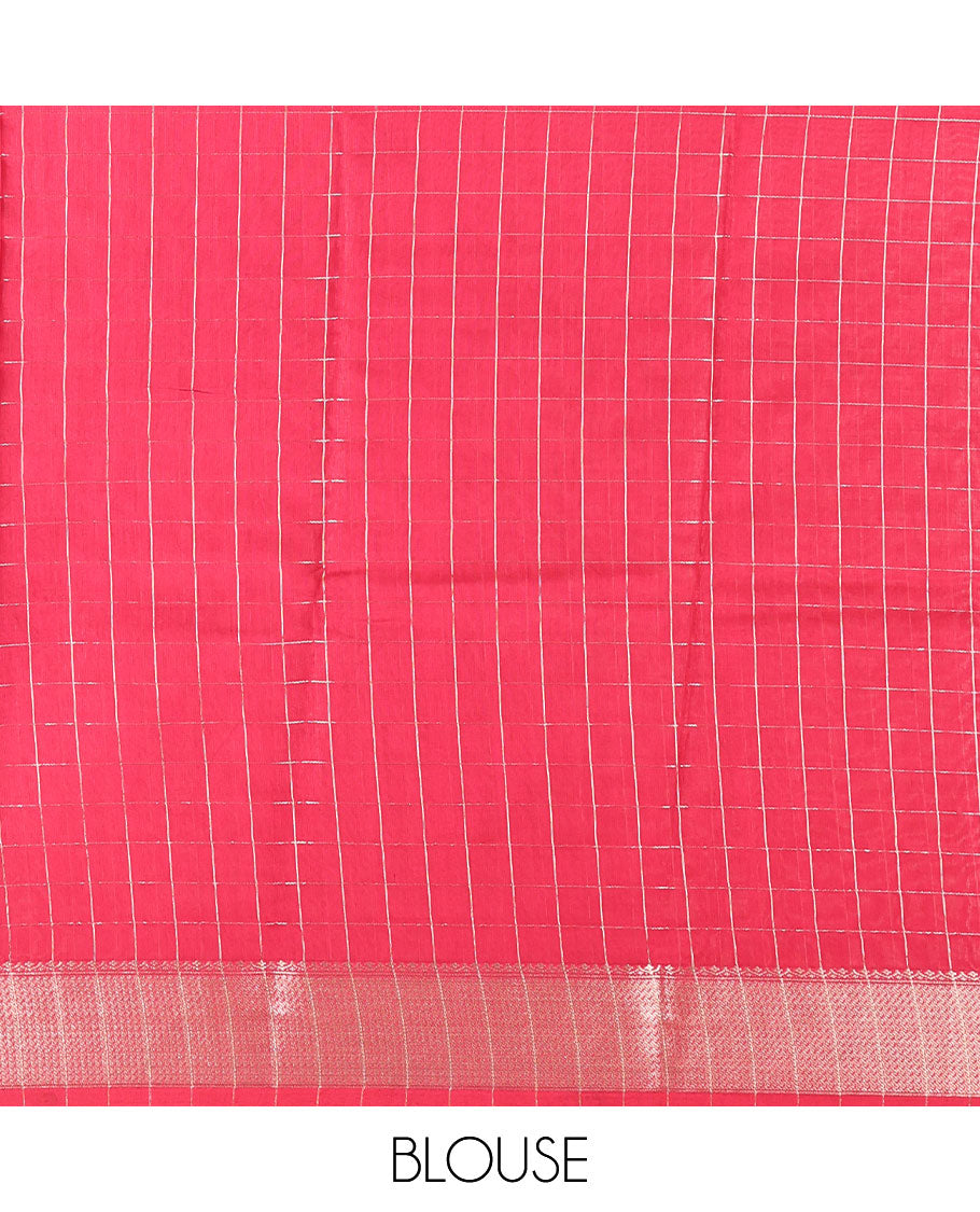 Red Checked Assam Silk Saree, Highlighted by a Traditional Zari Border, Zari-Striped Pallu, and a Matching Blouse