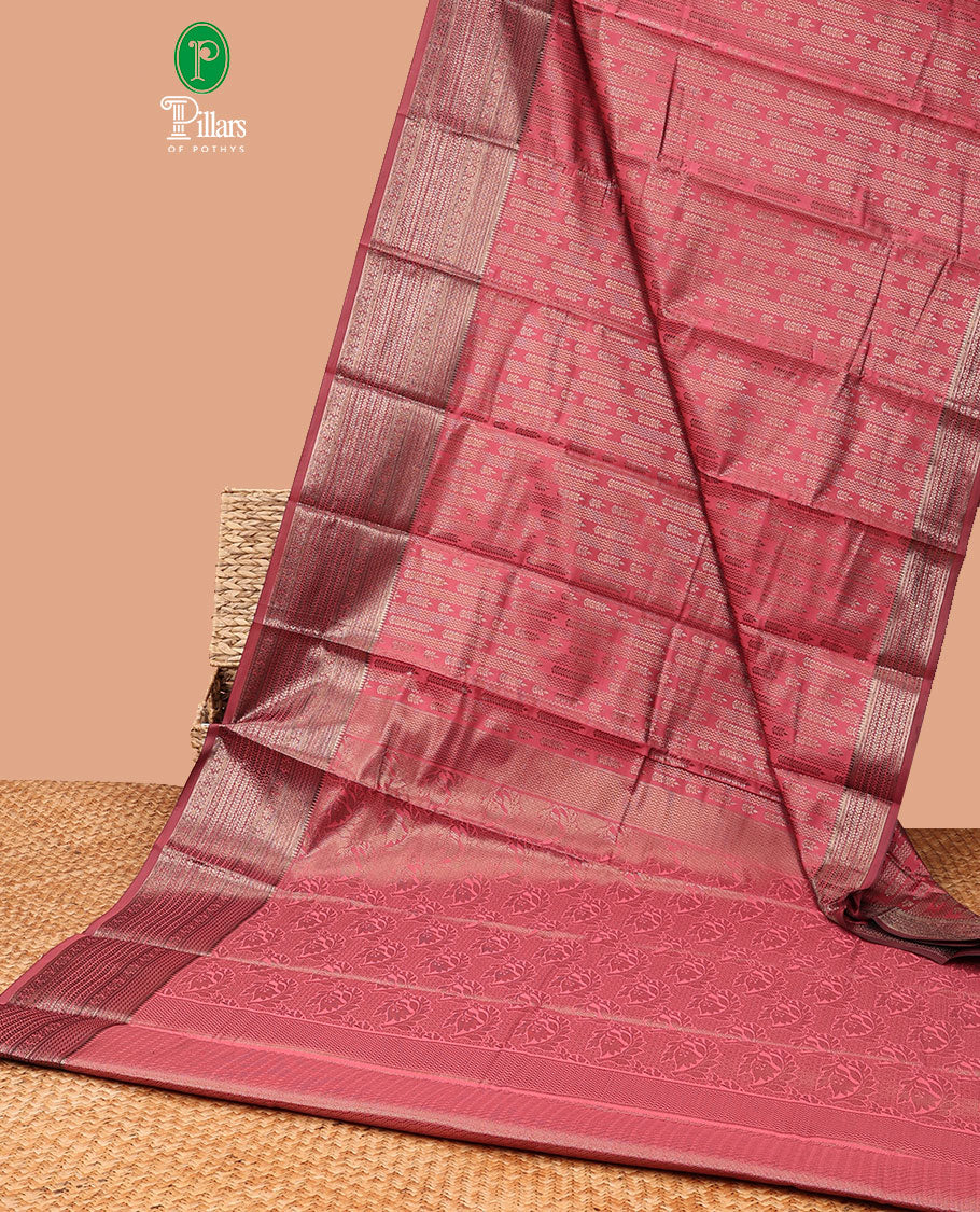 Onion pink zig zag straight line leaf design elite silk saree, gold rose zari with veldari border , malli mokku design & rich pallu , rose gold brocade design blouse