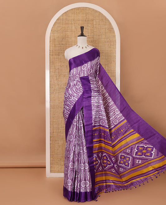 Lavender batik-style printed khadi cotton saree, contrast plain border, patola printed pallu & contrast plain blouse