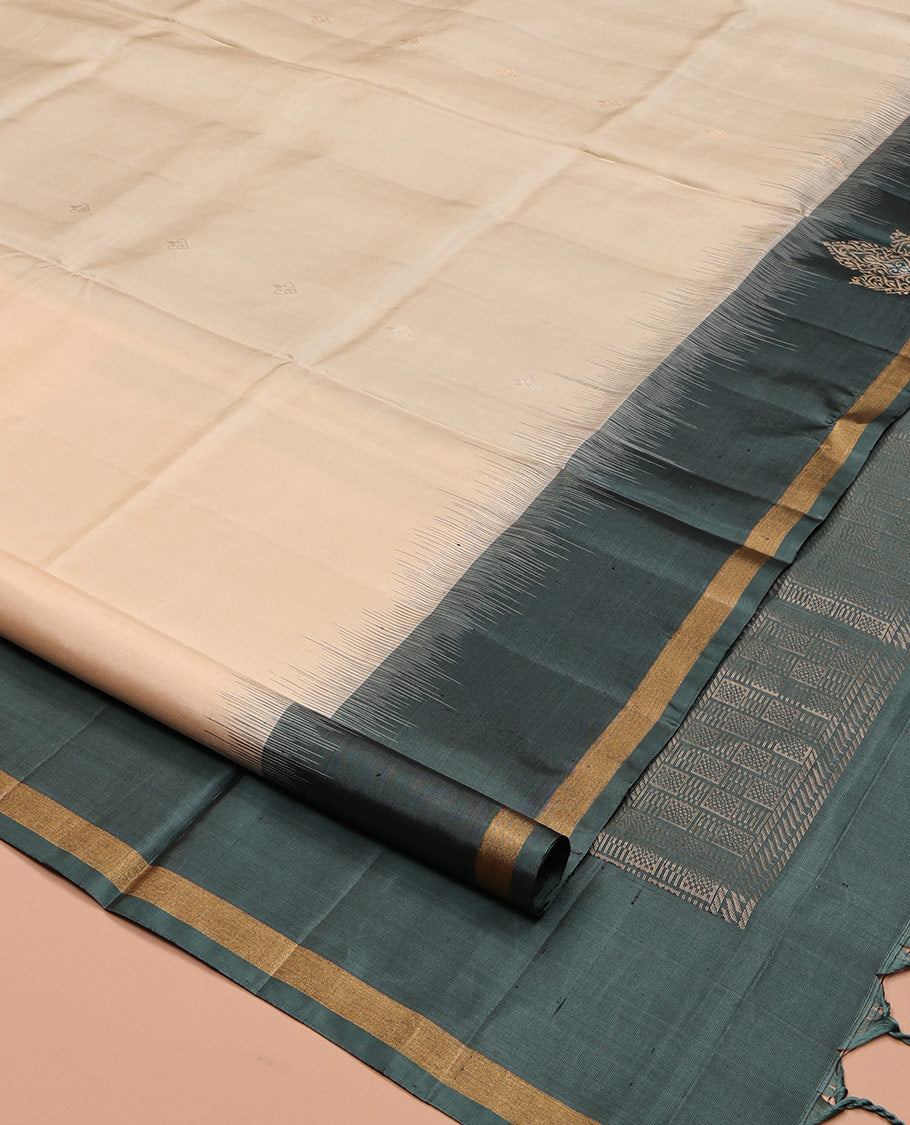 Sandal Mayuri Soft Silk Saree, Sparsely Threaded with Buttas, Contrast Zari Buttas Border, and a Pallu Features Intricate Designs and Contrast Blouse