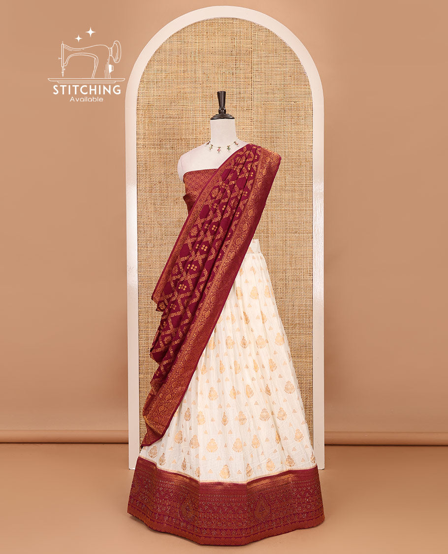 Cream georgette crepe halfsaree,zari buttas & traditional Swarovski stonework purple border skirt, jacquard blouse & banarasi jacquard dhavani