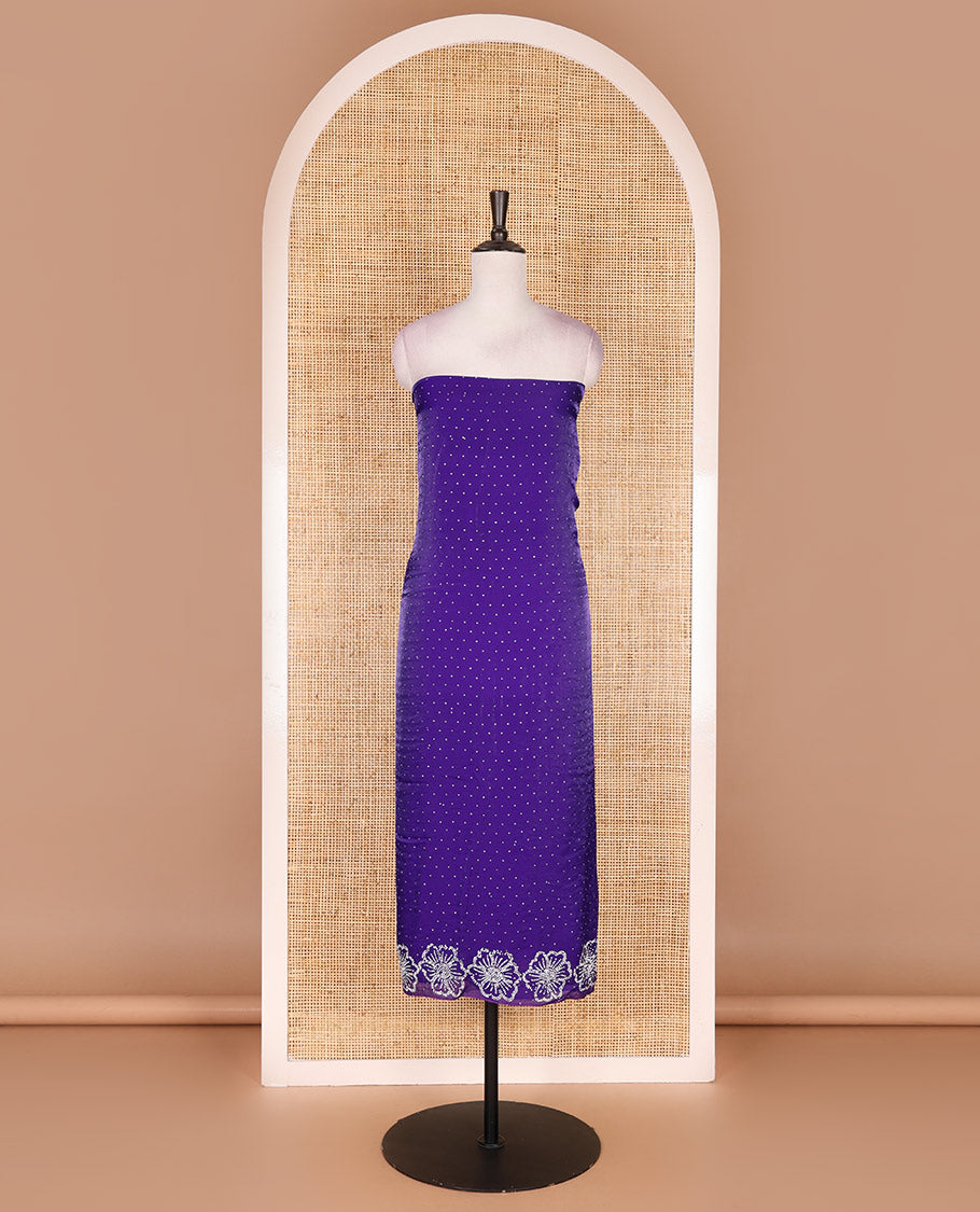 Blue velvet organza material chudidar set, micro stone embedded with floral micro-stone embroidered top, Italian crepe bottom, and micro stone embroidered dupatta