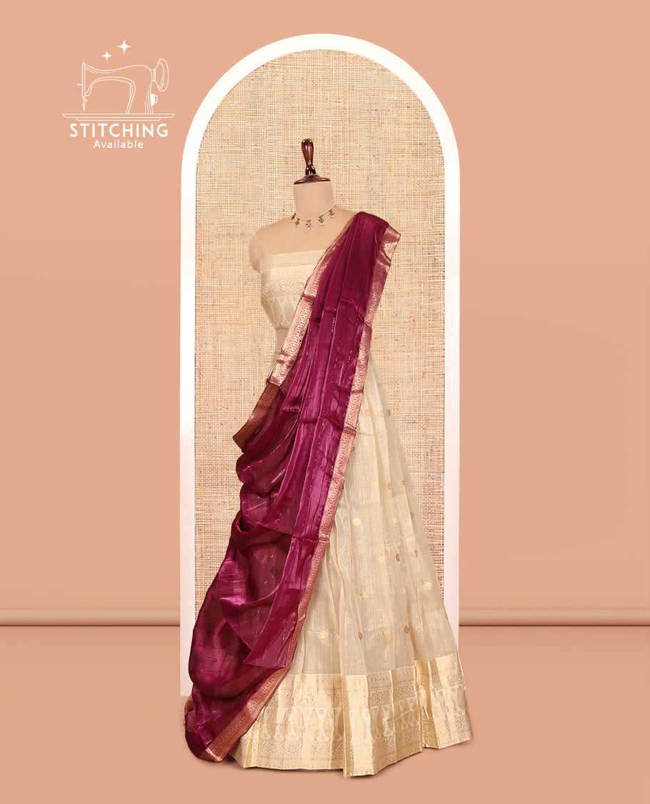 Chikku-Magenta Banaras Kota Half-Saree, Zari Buttas Skirt, Traditional Border, Matching Blouse, Contrast Organza Sequins Dhavani