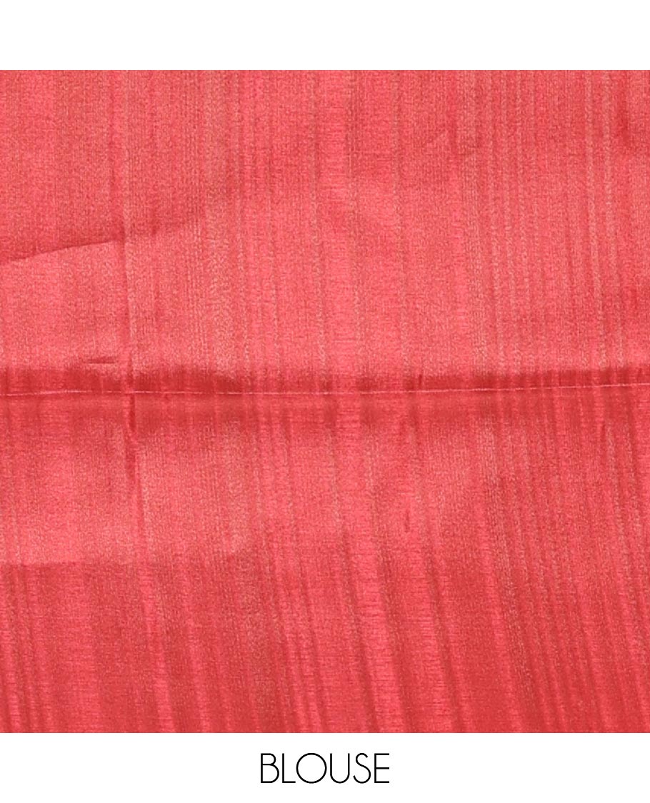 Chikku-red floral vine printed tissue patola saree, contrast striped border, pallu of floral and Pichwai cow motifs print, and a plain blouse